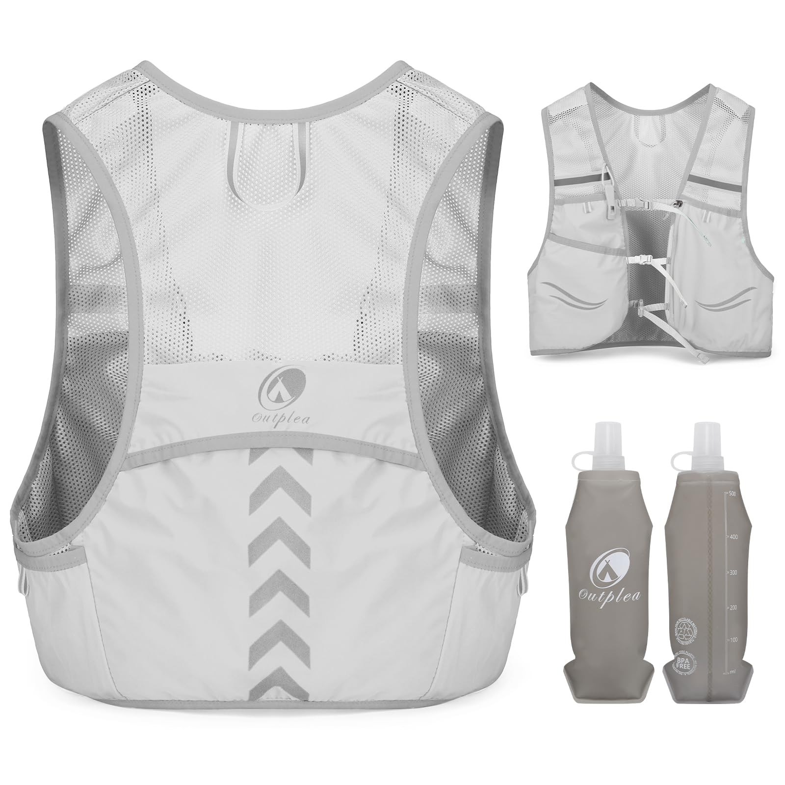 Outplea Breathable Reflective Running Vest with 2 pcs Soft Water Bottle for Men Women, Ultralight Hydration Vest for Jogging Trail Running Cycling Race Marathon, Grey/L