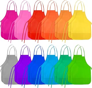 24-Pack Kids Painting Aprons, 12 Colors Waterproof Smocks with 2 Pockets for Ages 3-7 Art Crafts Kitchen