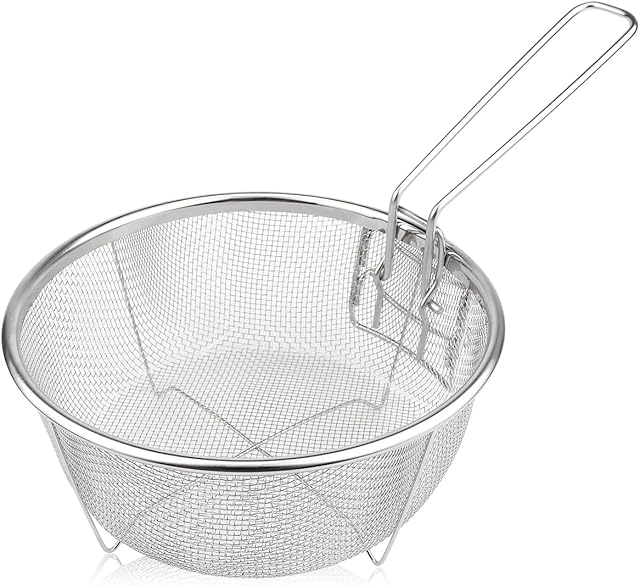 Stainless Steel Drain Basket, Multifunctional Foldable Deep Fry Basket - Round Wire Mesh French Chip Frying Serving Food Presentation Tableware with Folding Handles