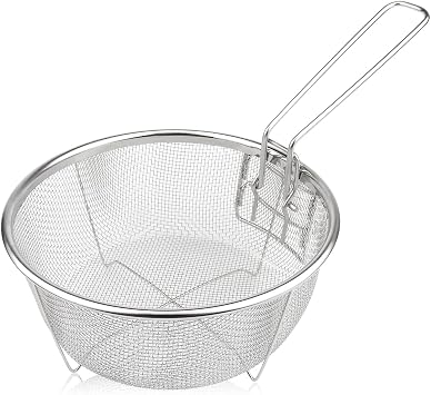 Stainless Steel Drain Basket, Multifunctional Foldable Deep Fry Basket - Round Wire Mesh French Chip Frying Serving Food Presentation Tableware with Folding Handles 32.5X19.5X8.5