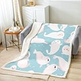 Homewish Cartoon Cute Seal Bed Throw Blanket, Blue and White Sea Creatures Print Fleece Blanket for Girls Teens Room, Soft Lightweight Polyester Sherpa Blanket for Sofa Couch, Throw Size(50x60 inch)