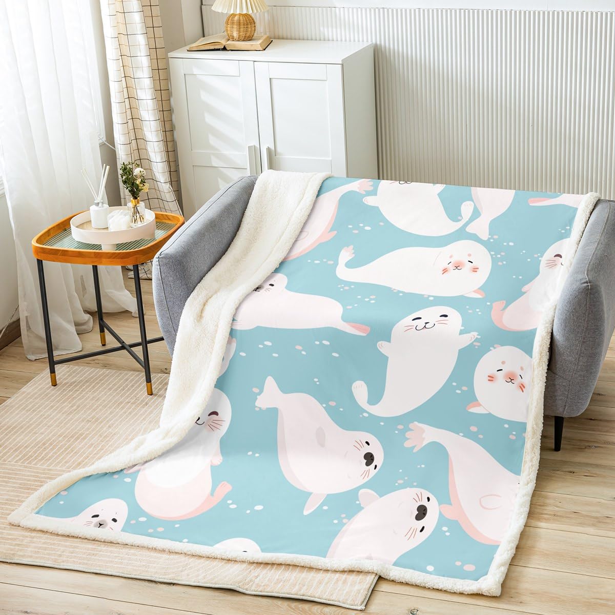 Manfei Cartoon Seal Throw Blanket Cartoon Animal Sealife Fleece Blanket Blue Ocean Cozy Throws for Bed Couch Sofa,Kids Boys Girls Room Decor,Soft and Breathable(90 x 90 Inches)