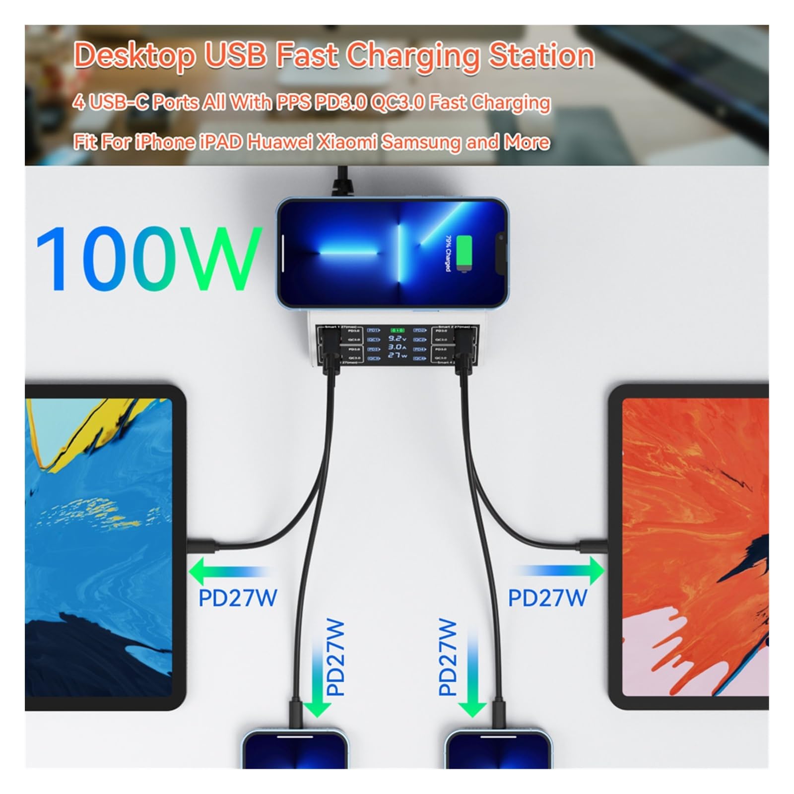 Chargeur multiports, Station de Chargement Rapide USB C 100 W, 4 QC3.0 + 4 PD3.0 PPS + Chargement sans Fil, Chargeur USB 9 en 1 pour la Maison, Le Bureau et Les Voyages(AS838W Black)