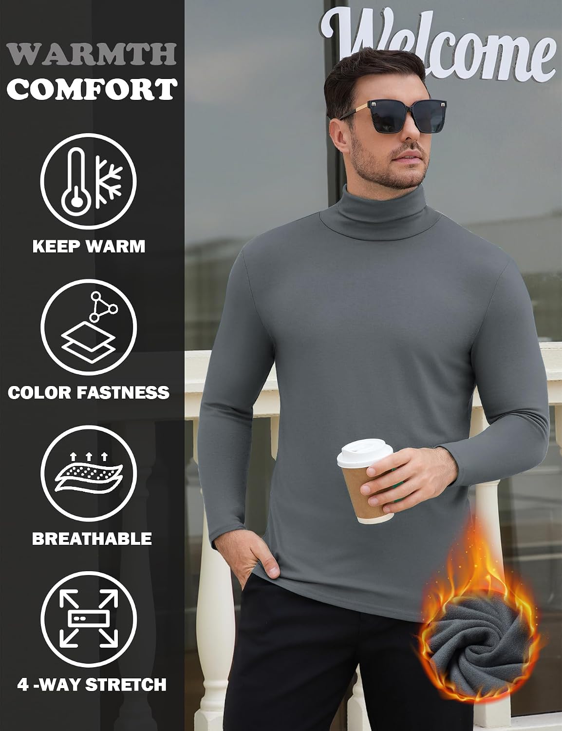 Men's Thermal Turtleneck Basic Layer Lightweight Pullover Sweater Long Sleeve Fleece Lined Athletic Warm Undershirt