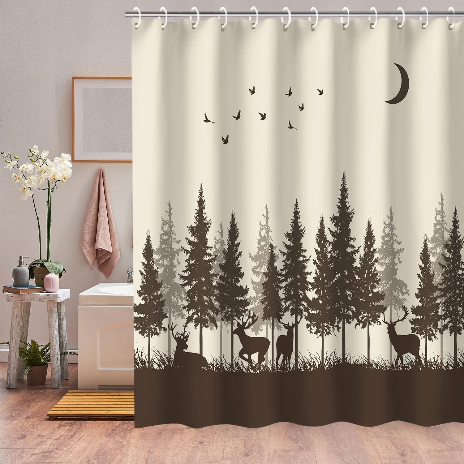 RosieLily Deer Shower Curtain, Rustic Shower Curtain for Bathroom, Cabin Wildlife Woodland Hunting Shower Curtain Sets, Forest Moose Pattern on Brown Bathroom Curtain with 12 Hooks, 72Wx72H