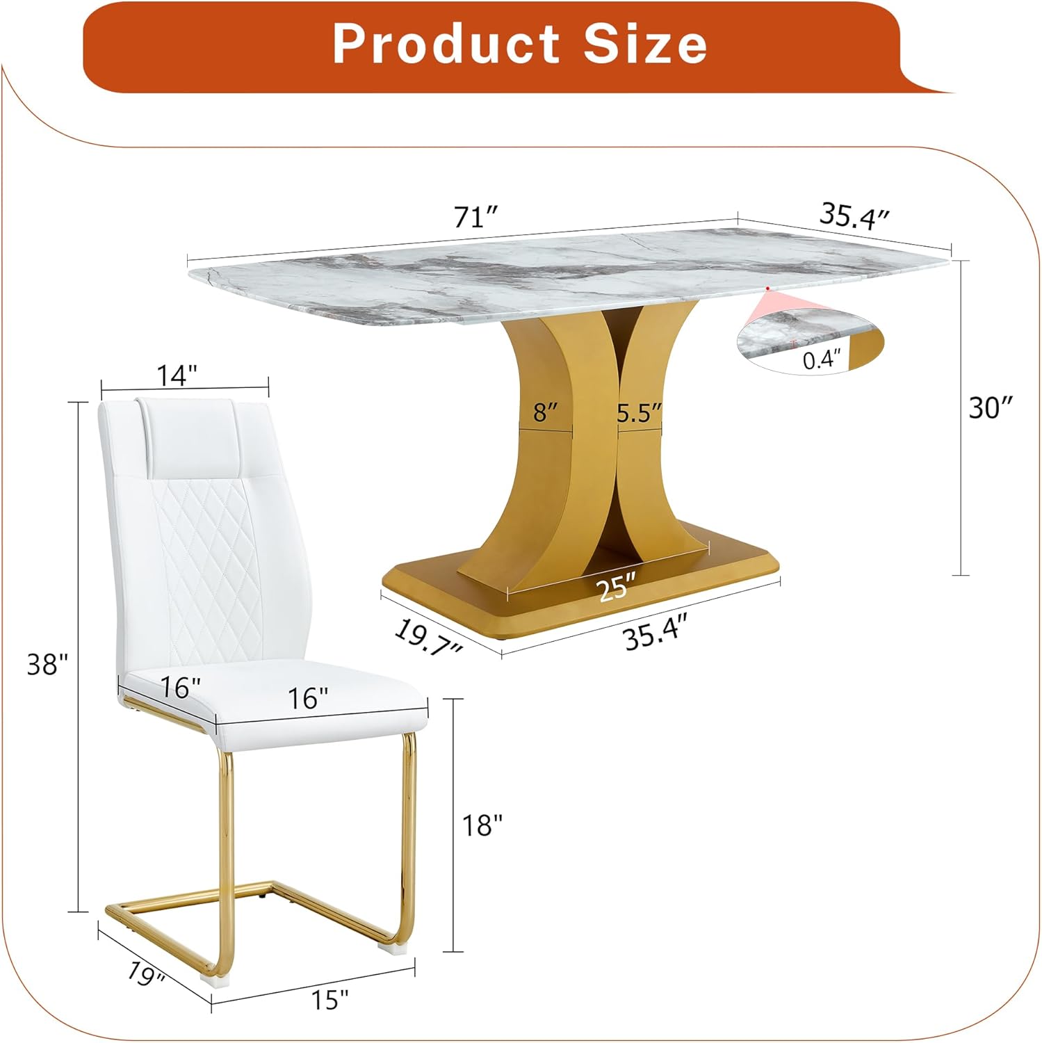 Modern Dining Table Set with 6 White Chairs, 71 Inch Rectangular Dining Room Table with Gold Leg White Marble Pattern Kitchen Table for Kitchen Apartment Restaurant