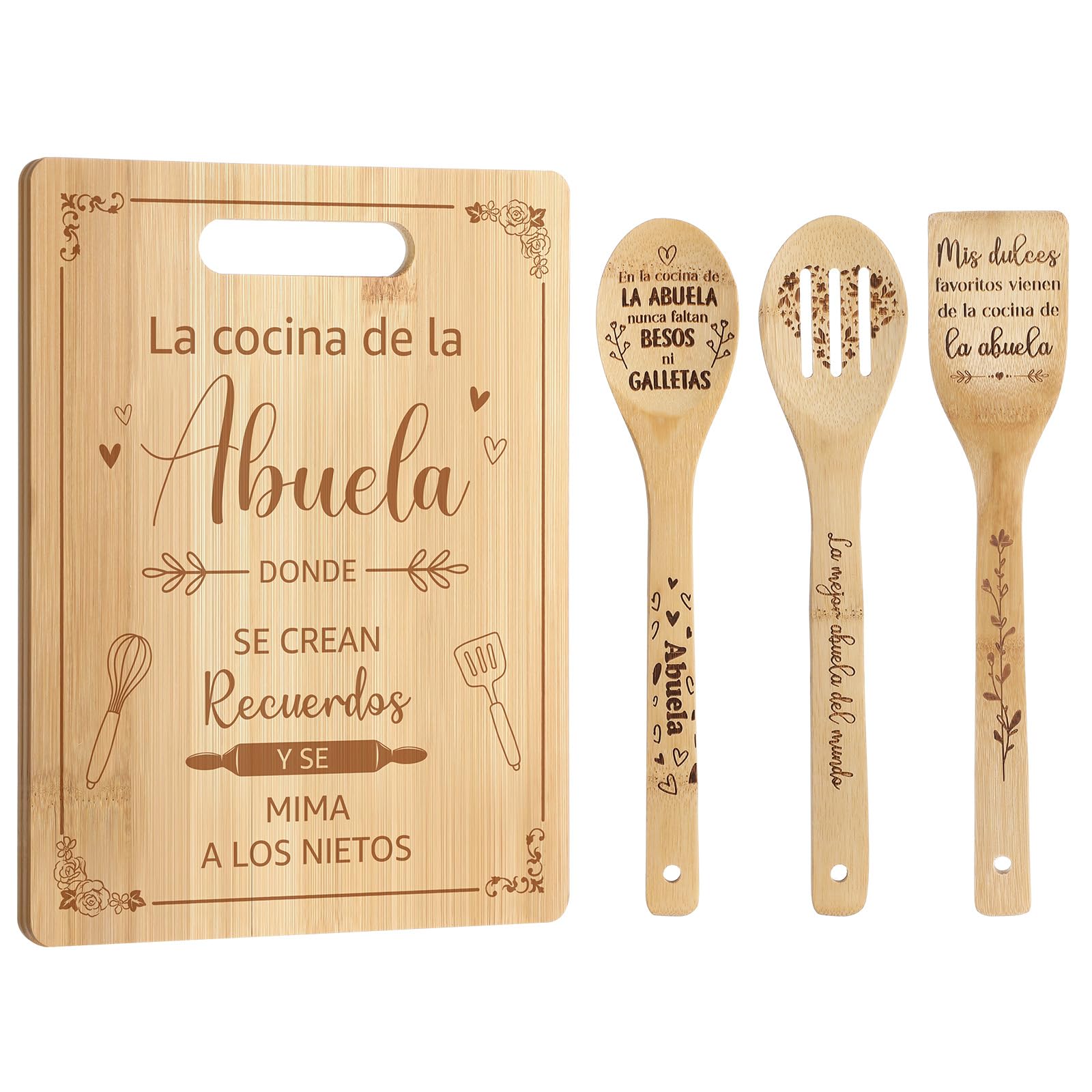 Maxdot 4 Pieces Mother's Day Spanish Gifts for Abuela Laser Engraved Bamboo Cutting Board Engraved Bamboo Cooking Board Gift Set for Grandma Mom from Daughter Grandchildren