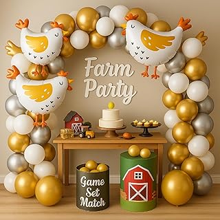 108 Pcs Chicken Party Decorations Farm Animals Hen Balloon Arch Garland Kit White Silver Gold Foil Latex Balloons for Chicken Birthday Baby Shower Party Decorations Supplies