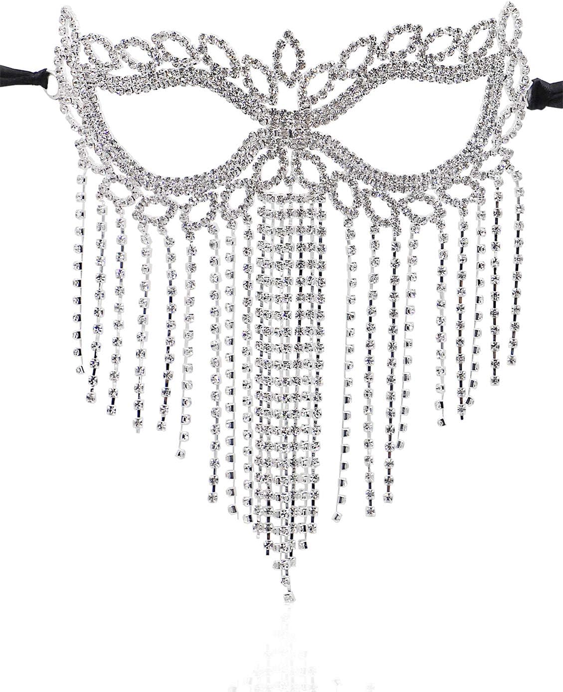 BelladyRhinestone Cat Eye Fringe Masquerade Mardi Gras Mask with Satin Tie Back