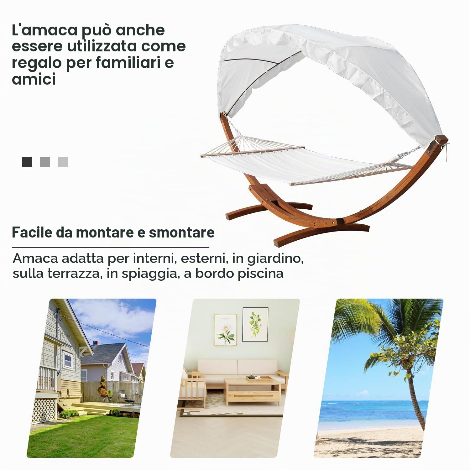 Amaca da giardino con supporto in legno, amaca matrimoniale 2 posti con parasole, fino a 200 kg, resistente alle intemperie, per balcone, terrazza e giardino