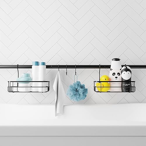 Zenna Home Barra de tensión organizadora de baño y hogar con cestas de almacenamiento y ganchos, ajustable, 26 a 76 pulgadas, negro mate