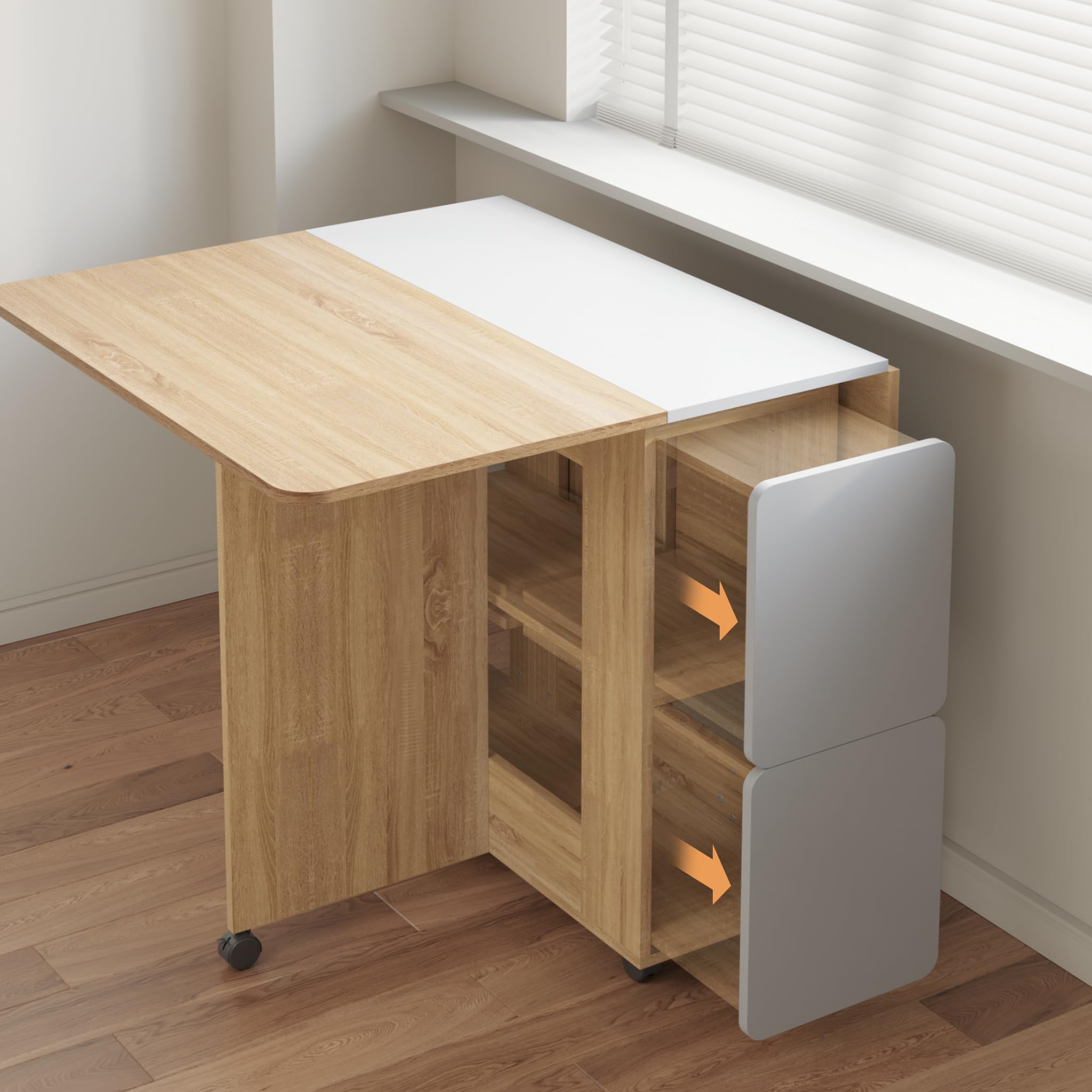 Mondeer Essgruppen, Klappbarer Esstisch mit 4 Stühlen, Esstisch Set mit Rollen und 2 Offenen Ablagen, für Kleine Räume Esszimmer Küche, 120 x 80 x 80 cm, Eiche und Weiß