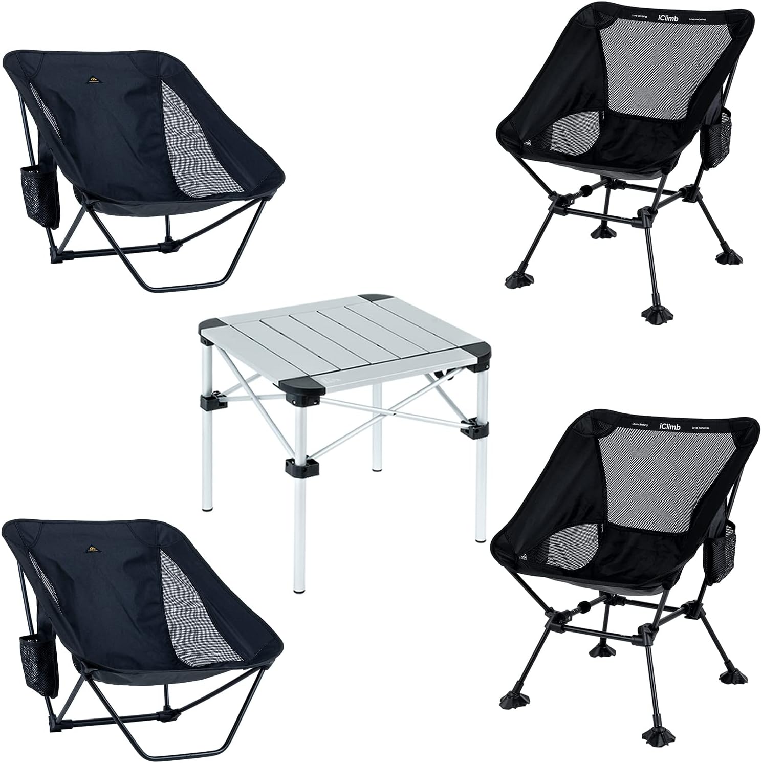 iClimb 2 Ultralight Compact Low Folding Chair and 2 Anti-Sinking Large Feet Chair and 1 Lightweight Stable Folding Square Table Bundle, for Four Adults Outdoor Camping Beach Concert