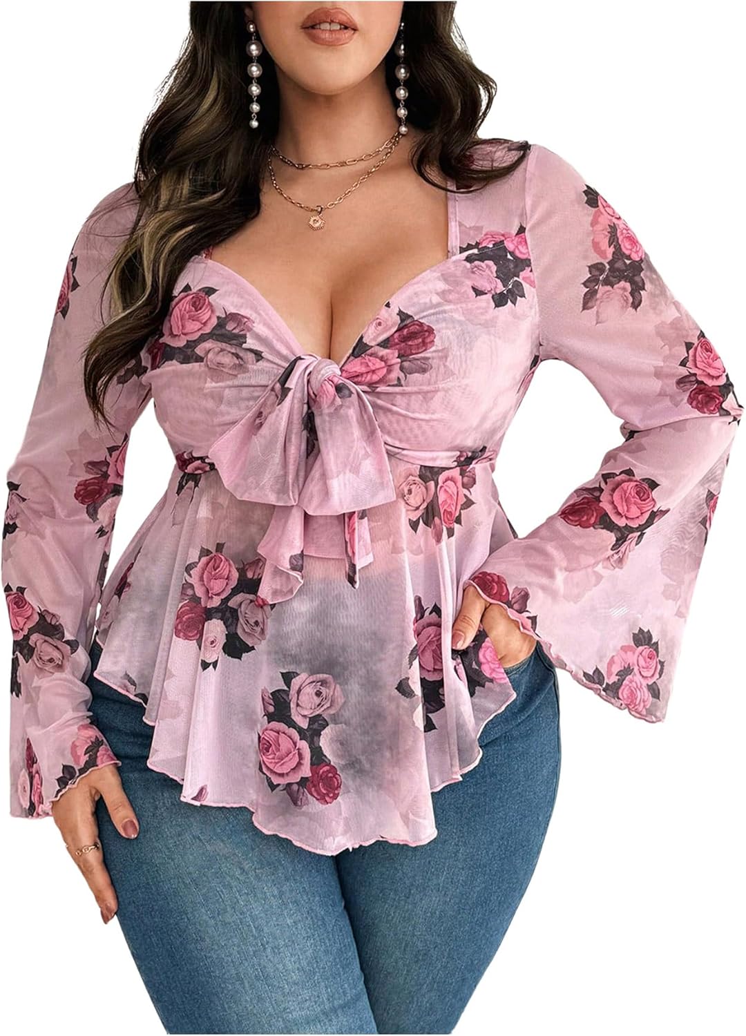 Women's Plus Size Floral Print Tee Shirt Y2k Bow Tie Knot Long Sleeve Deep V Neck Fitted Tops