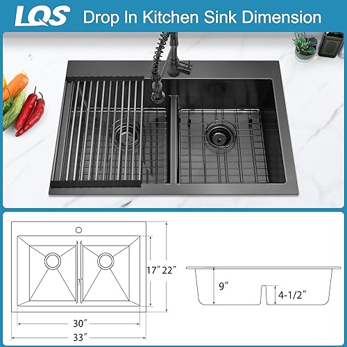 Vista 39 de LQS Fregadero de cocina dorado de 31 pulgadas, fregadero de cocina de acero inoxidable 50/50 de 31 x 18 pulgadas, fregadero de cocina de acero