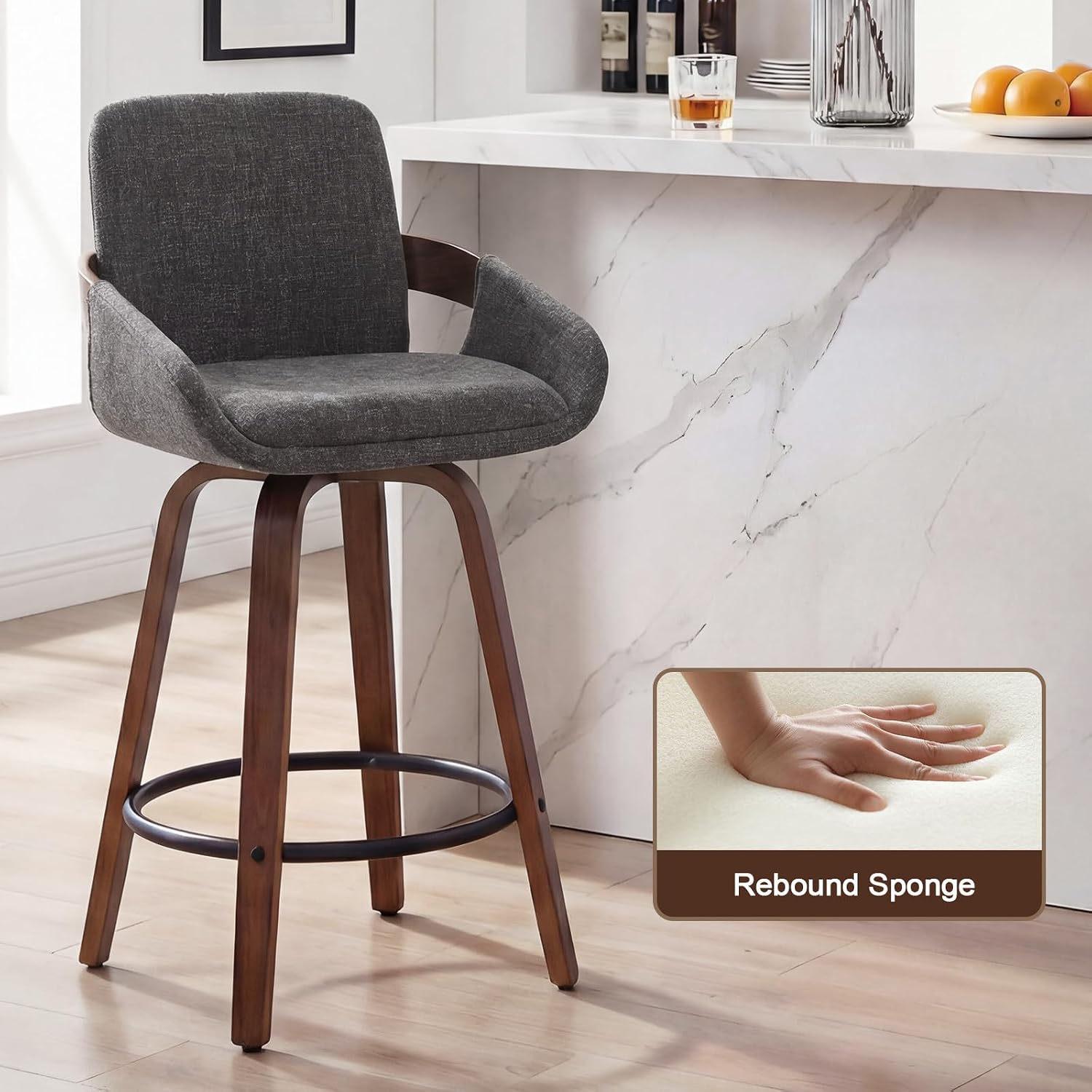 Misshappy 26 Inch Counter Height Bar Stools Set of 2, Swivel Walnut Bar Chairs with Back, Arm Rest for Modern Kitchen Island, 300 Lbs Capacity, Fabric (Dark Gray)