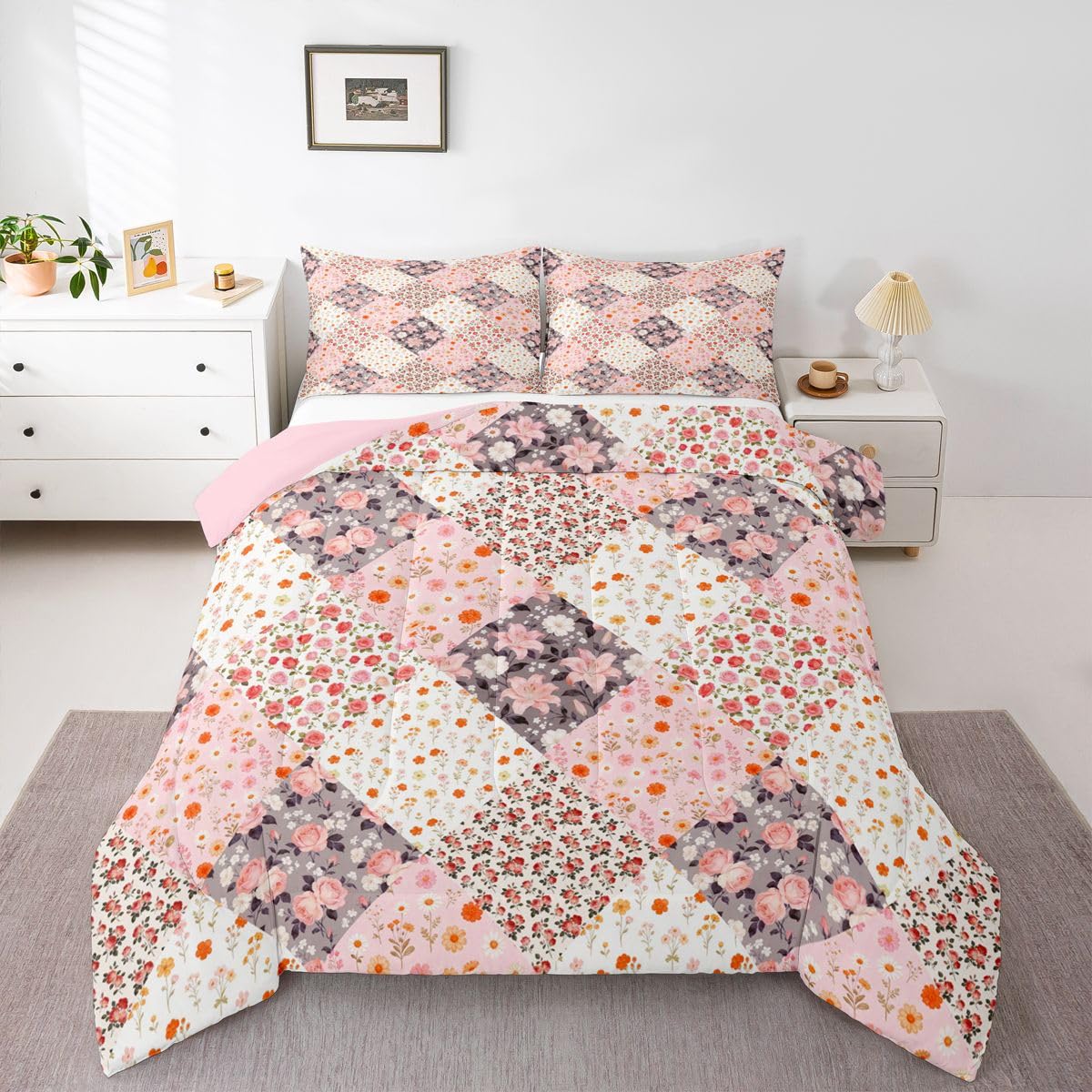 Homewish Zestaw pościeli w stylu boho podwójny, wiejski kwiatowy zestaw pościeli boho, wiejski kwiat, rustykalny zestaw kołdry, patchworkowa różowa stokrotka, poszewka na kołdrę z 2 poszewkami na