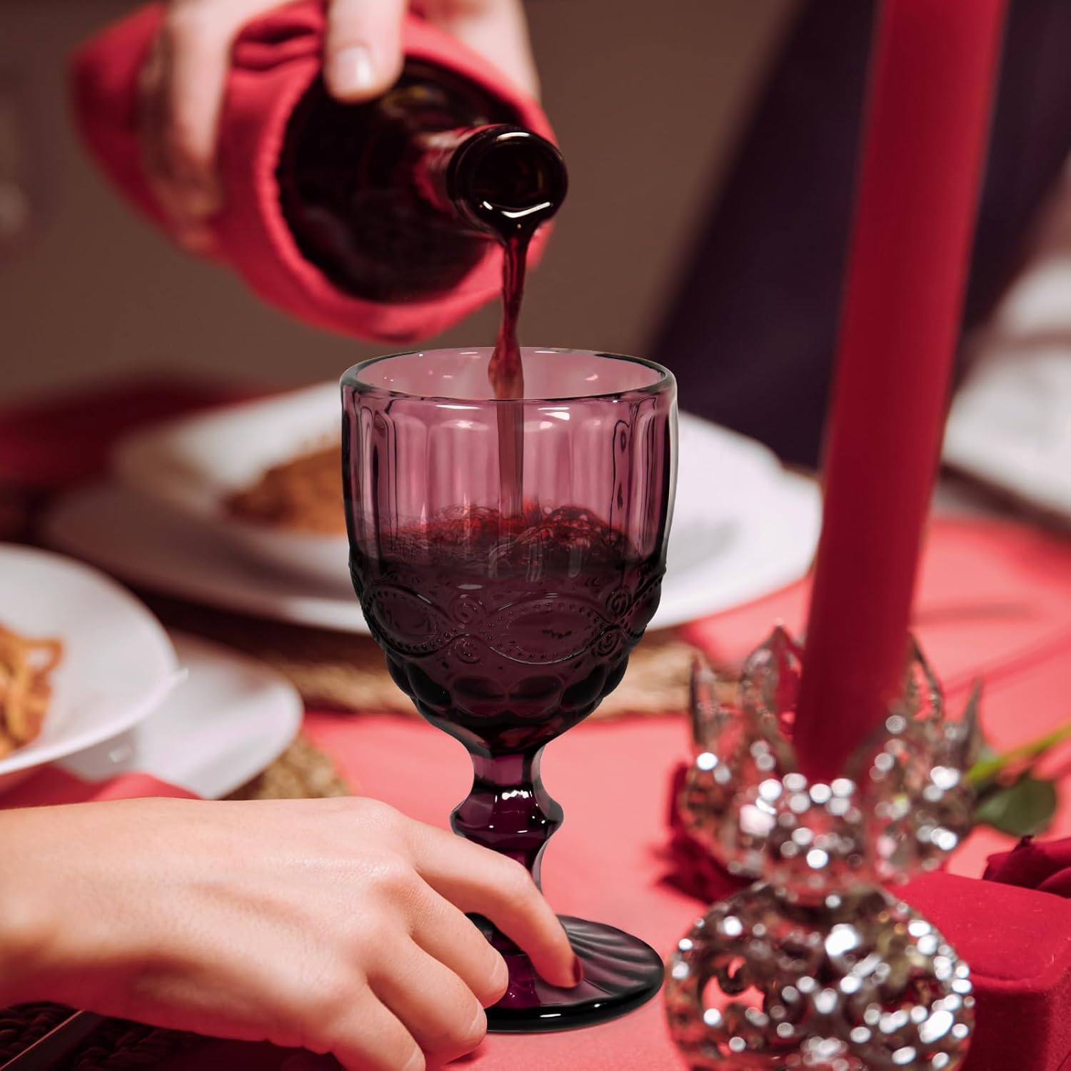 Vintage Wine Glasses Set of 6, 12 OZ Colored Glass Water Goblets, Embossed Floral Decorative Crystal Glass Cups Set, Dishwasher Safe, for Wedding, Party, Red Wine Glass, Bars, Restaurants - Image 5