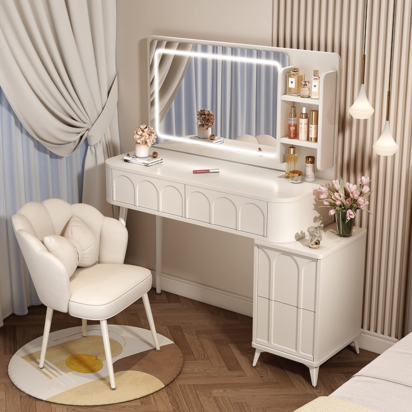 asdchZen Touch Screen Makeup Vanity With 3-Color Led Mirror, Stylish Dressing Table With Nightstand & Storage, 80Cm Bedroom Vanity Table With Drawer & Shelves,100cm/39.3in