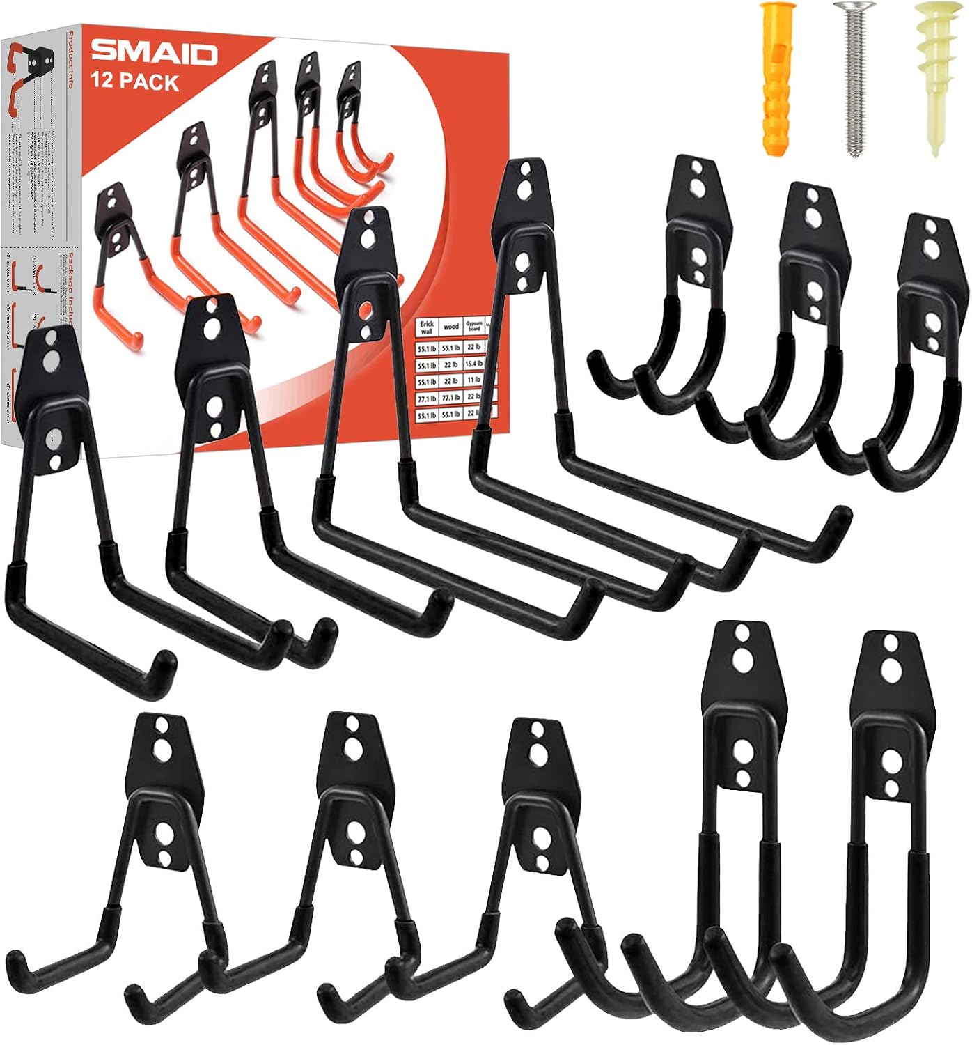 Garage Hooks, 12 Pack Heavy Duty Garage Storage Hooks Steel Tool Hangers for Garage Wall Mount Utility Hooks and Hangers with Anti-Slip Coating for Garden Tools Organizer, Ladders, Bikes, Bulky Items