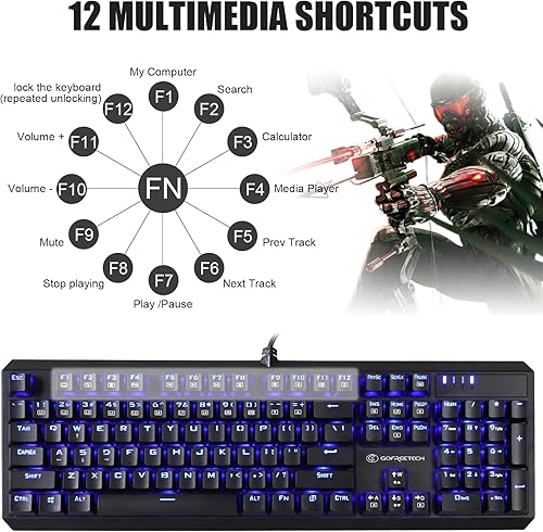 Miniatura 4 de GOFREETECH - Teclado mecánico de PC con cable RGB retroiluminado azul LED resistente a derrames sensación mecánica ergonómica de 104 teclas