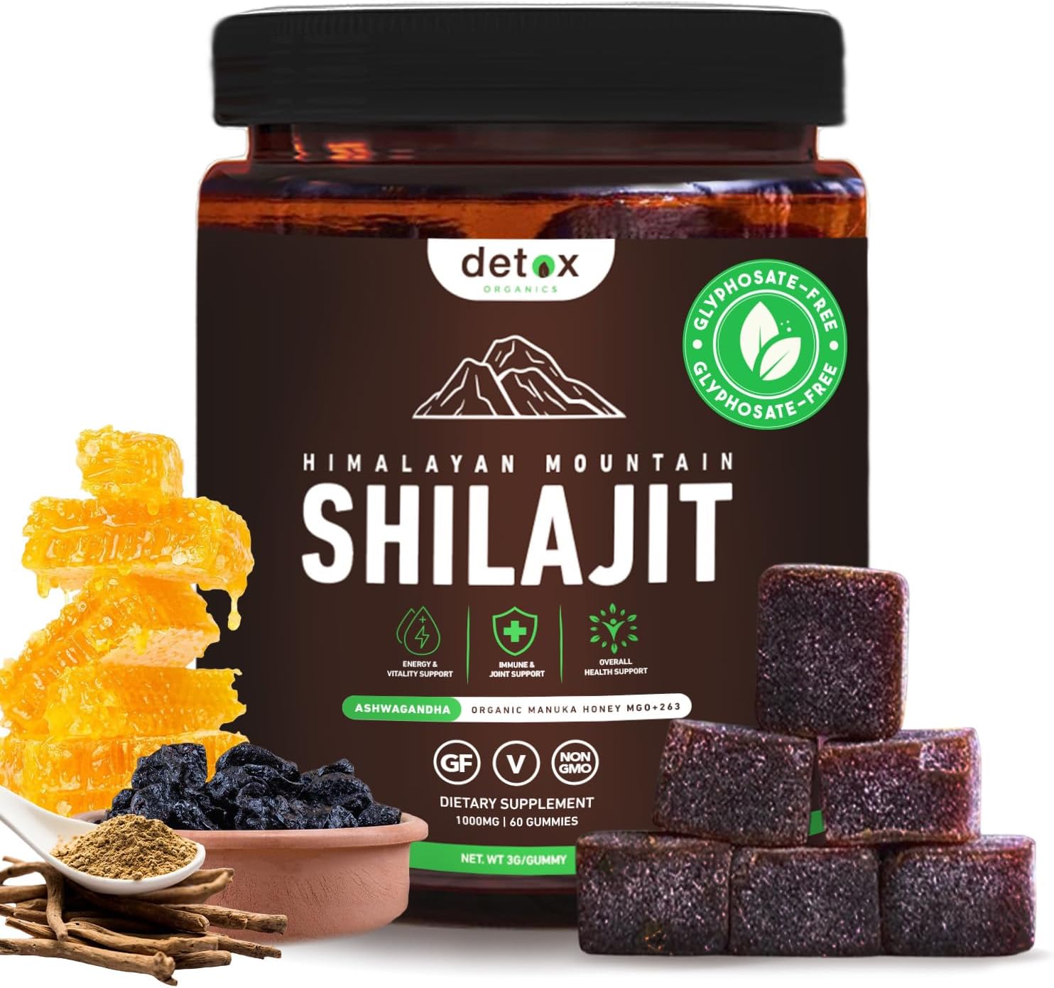Detox Organics Shilajit Gummies - Authentic Shilajit Blend with Himalayan Ashwagandha & Sweetened Organic Manuka Honey - Crafted for Vitality & Immune Support - Glyphosate-Free - 60 Count