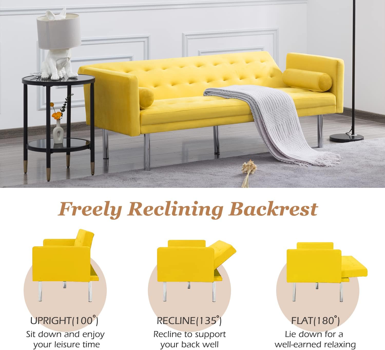 SUMKEA Futon Tufted Back Convertible Sofa, 68” Twin Size Sofa Bed, Modern Living Room Futons Set (Yellow)