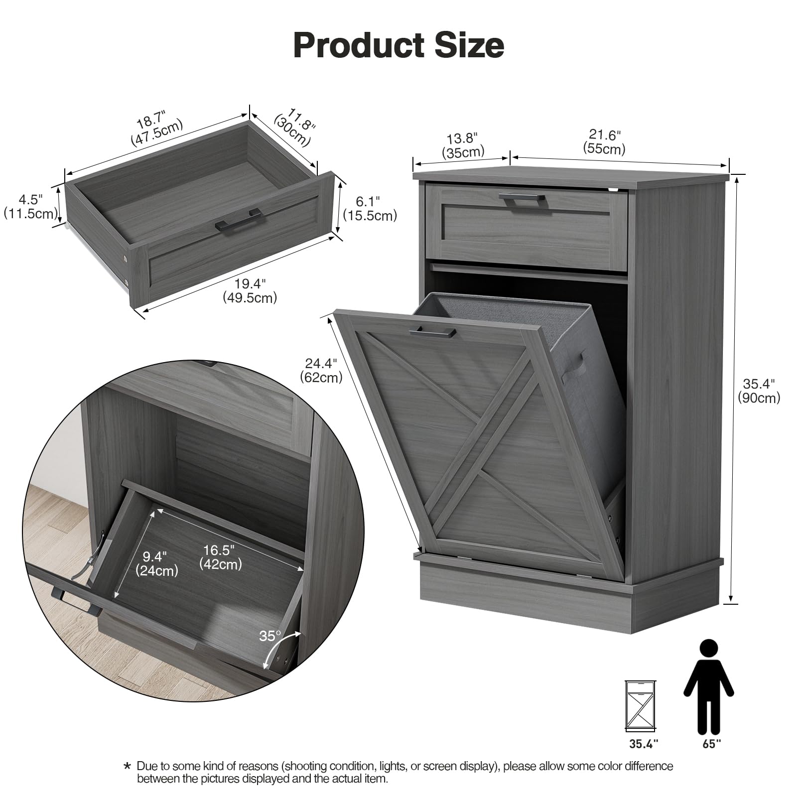 Armoire à déchets inclinable avec tiroir - 38 l - Poubelle étroite - Îlot de cuisine avec plan de travail - Armoire pour cuisine sans poubelle - Pour cuisine, salon, salle de bain