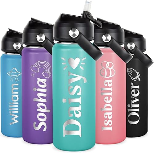 Regalos personalizados para niñas y niños, bonita botella de agua personalizada de acero inoxidable con nombres grabados, botella de agua aislada de