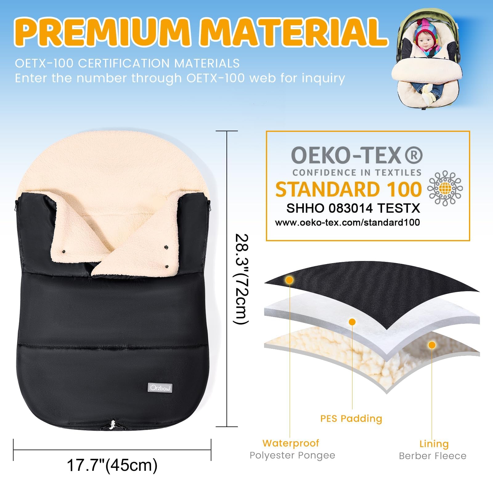 Orzbow Chanceliere Cosy Universelle, Imperméable Couverture Siege Auto Bebe Hiver avec Collier Réglable, Doublure Chaude en Polaire Berbère, Fermeture Éclair, Amovible et Lavable en Machine (Noir)