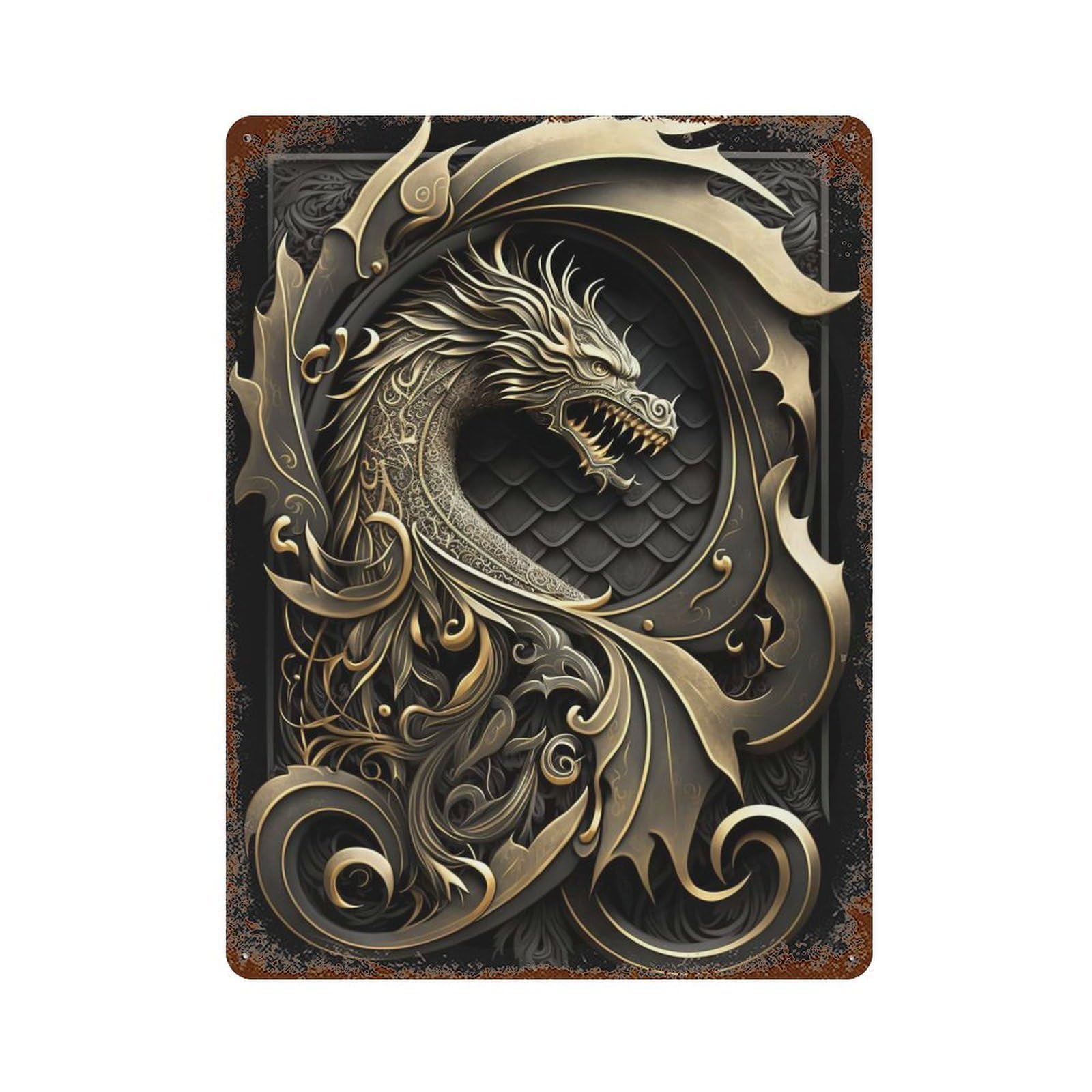 Vintage Metal Tin Sign Mighty Dragon Art Deco 15.7"x11.8", Classic Wall Plaque for Pub, Kitchen And Man Cave Decor
