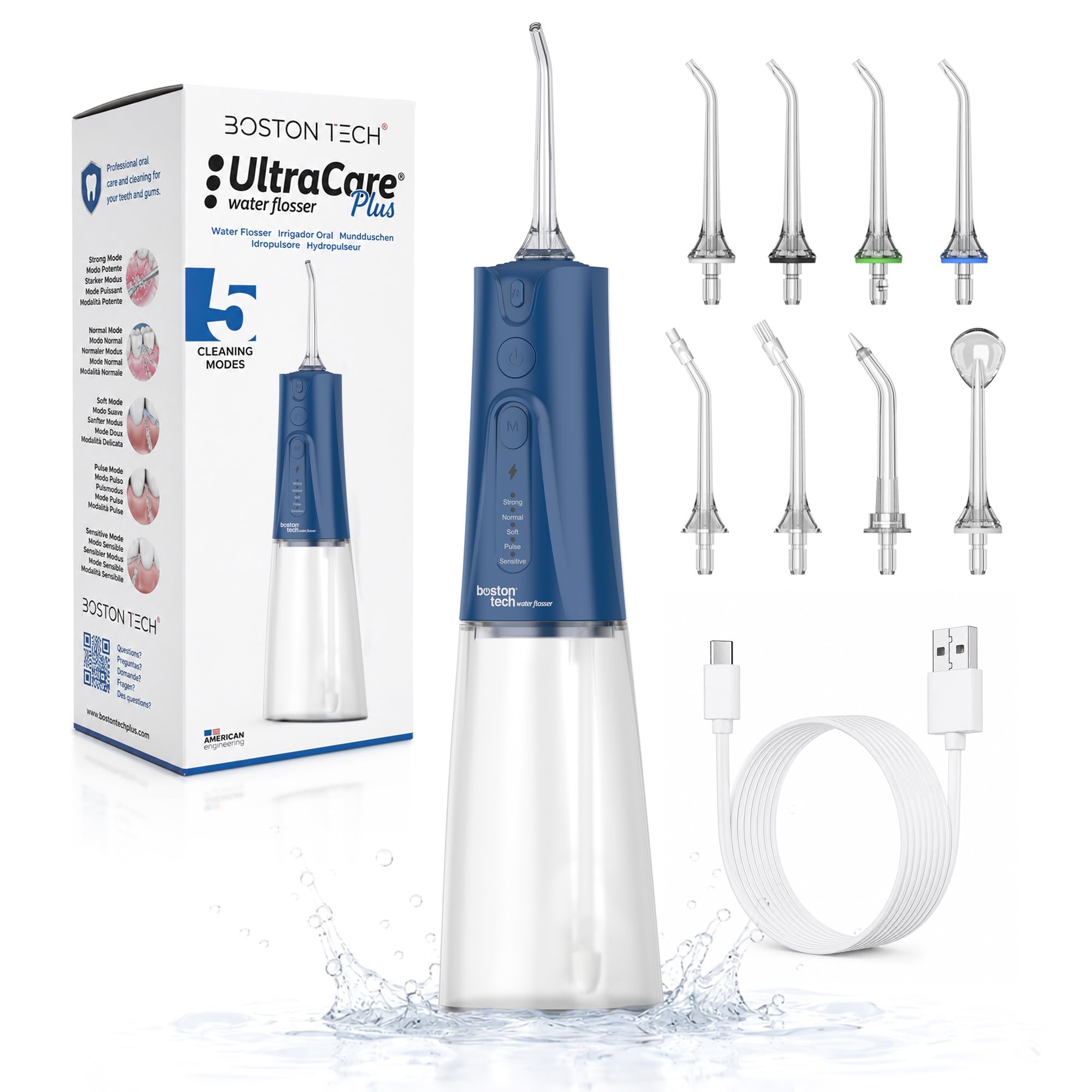 Aquapik® UltraCare Plus Idropulsore Dentale/Irrigatore Orale senza fili e ricaricabile IPX8 impermeabile per casa e viaggio, rimuove la placca e protegge gengive, 5 modalità, 8 beccucci, 300 ml (Blu)