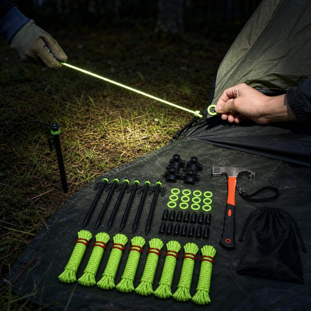 Zeltbefestigungsset sturmsicher für Camping, Zeltheringe Set & Abspannseile, für Zeltzubehör, Set mit 8X 20cm Heringen, 8X reflektierenden Seilen, orangefarbenem Hammer und Zubehör