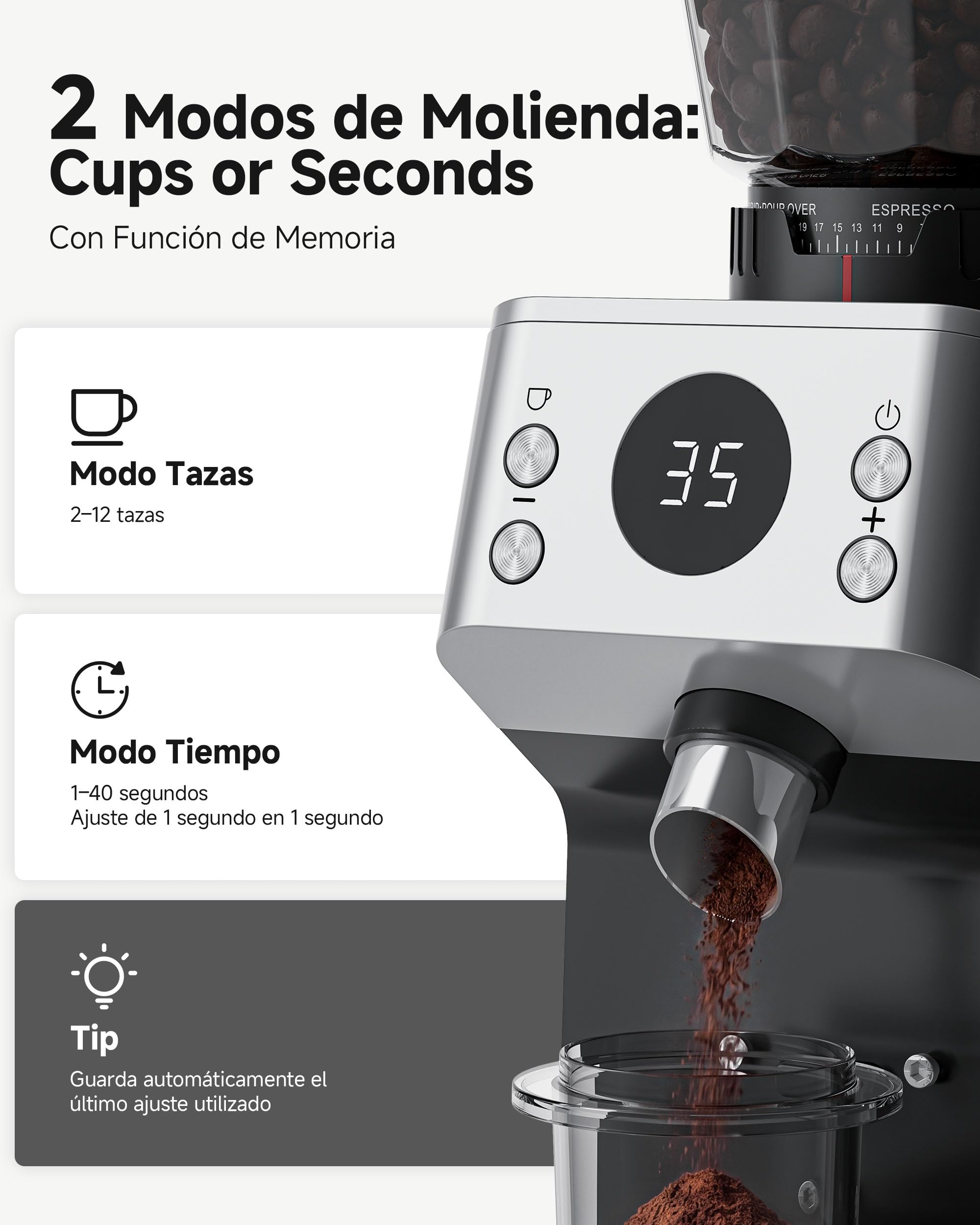 AAOBOSI Molinillo de Café Eléctrico, 45 Niveles, Muelas Cónicas de Acero | Sistema Antiestático Plasma, memoria, tiempo/tazas programables, depósito de 300 g, para espresso y café filtrado