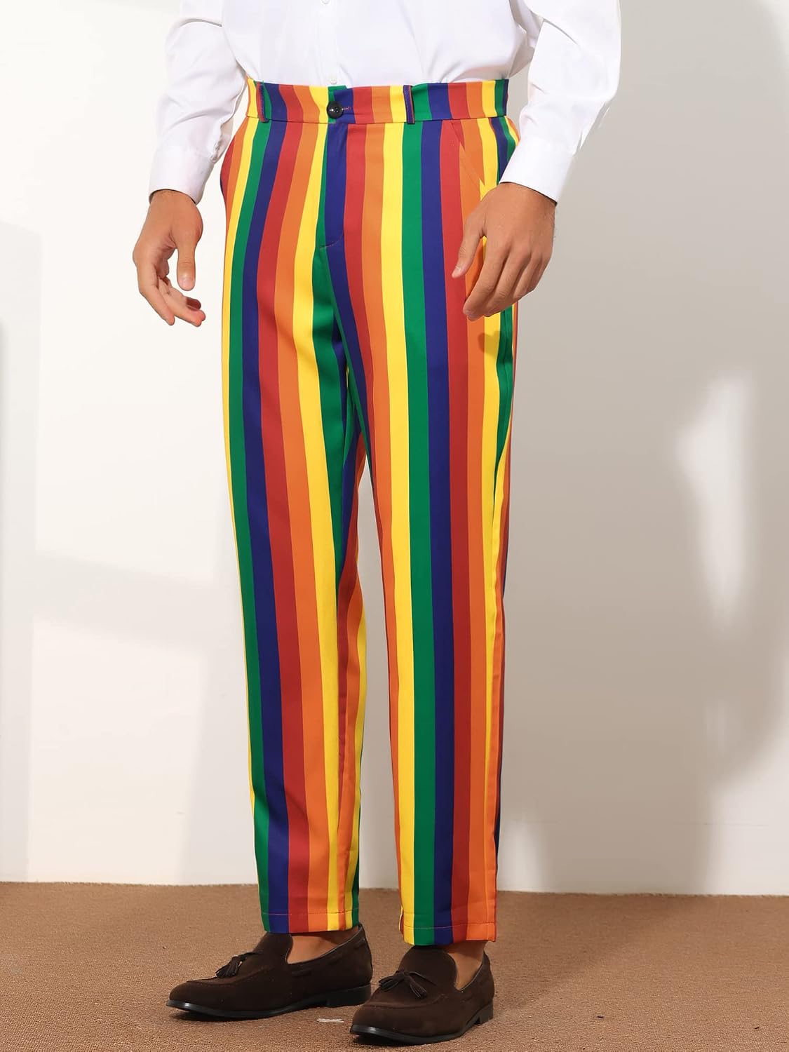 Lars Amadeus Rainbow Pants for Men's Regular Fit Flat Front Color Block Stripe Dress Trousers