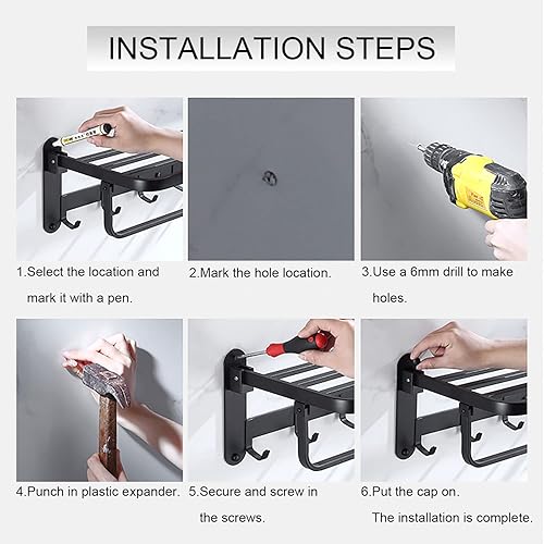 Miniatura 7 de JOPOFI Toallero de baño de 23.2 pulgadas, toallero con toallero y 6 ganchos, soporte de toallas de montaje en pared, acero inoxidable SUS 304, negro