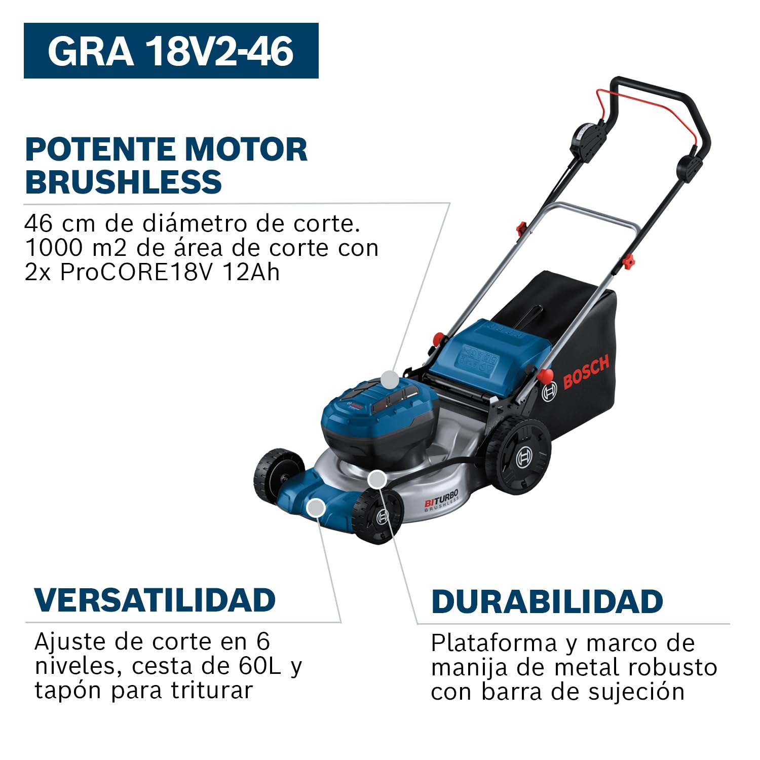 Bosch Professional 18V cortacésped a batería GRA 18V2-46 sin bat./carg. | Ancho de corte de 46 cm, 6 alturas y cesto de 60L. Incluye tapón de triturado