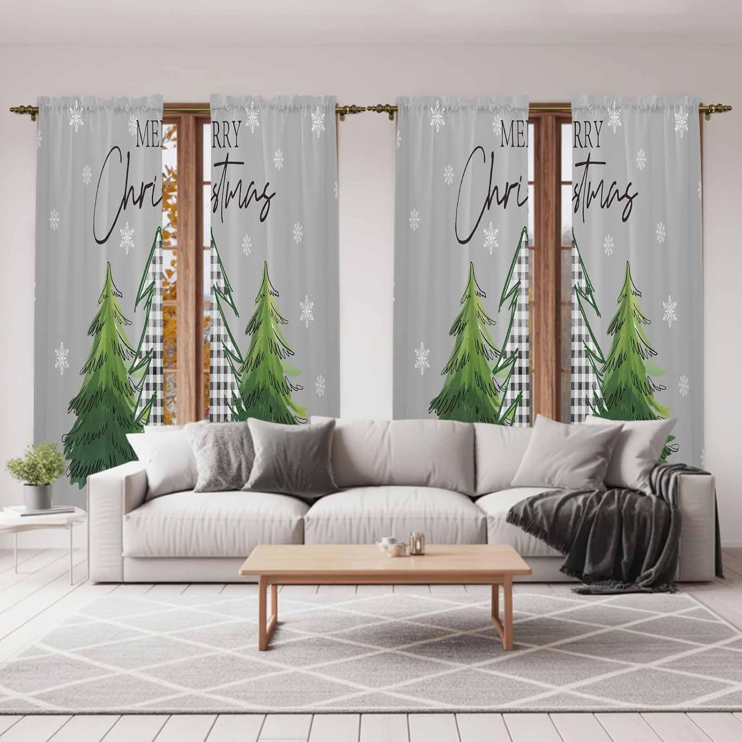 Grey Green Christmas Tree Window Curtains 72 Inch Long 2 Panel Set, Rod Pocket Long Curtains & Drapes, Xmas Trees Snowflake Winter Light Filtering Window Treatment for Bedroom Living Room 52"W x 72"L