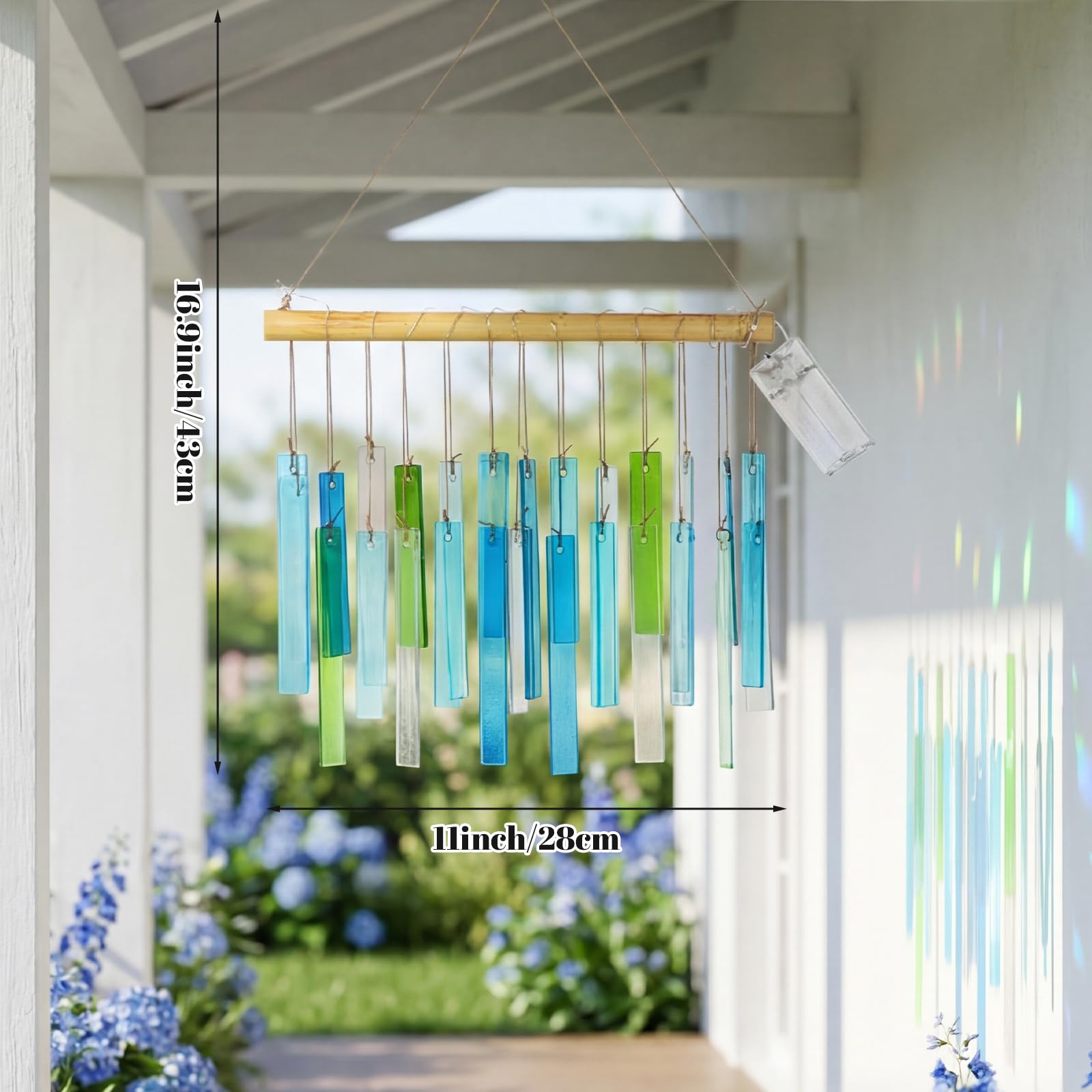 Junkin Carillon en bois flotté bleu avec lumières de 42 cm pour l'extérieur fabriqué à la main - Décoration côtière pour la plage, les vacances, l'été, les femmes