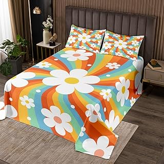 Cartoon Flowers Quilt Set for Kids Teens,Colorful Stripes Bedspread,Rainbow Hippie Bed Cover Abstract Flowers Bedding Set Decorative Quilted 2 Piece Coverlet Set with 1 Pillow Sham,Twin Size