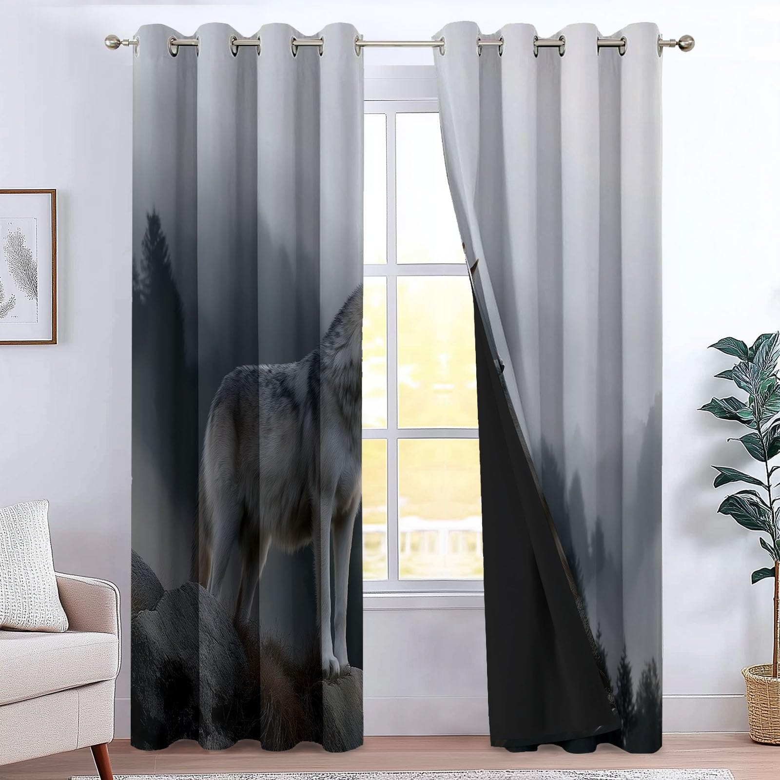 Générique Zasłony izolowane termicznie, 140 L x 260 H cm, zestaw 2 zasłon z motywem wilka, z przelotkami, do sypialni i salonu, jasnoszare