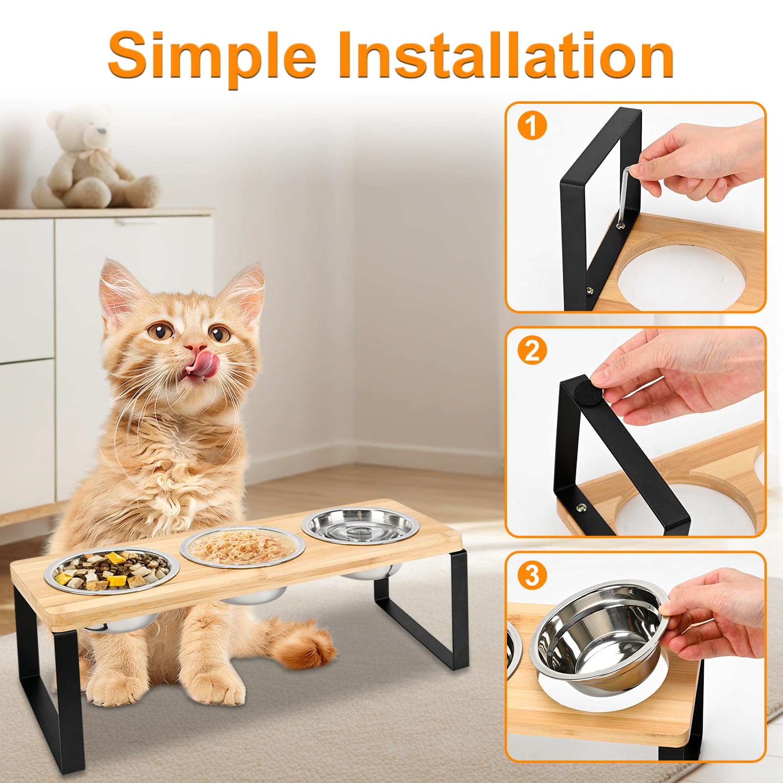 Lot de 3 gamelles surélevées en acier inoxydable avec support, inclinées à 15° – Station d'alimentation surélevée pour chats et petits chiens, anti-vomissements, base en bambou, facile à nettoyer
