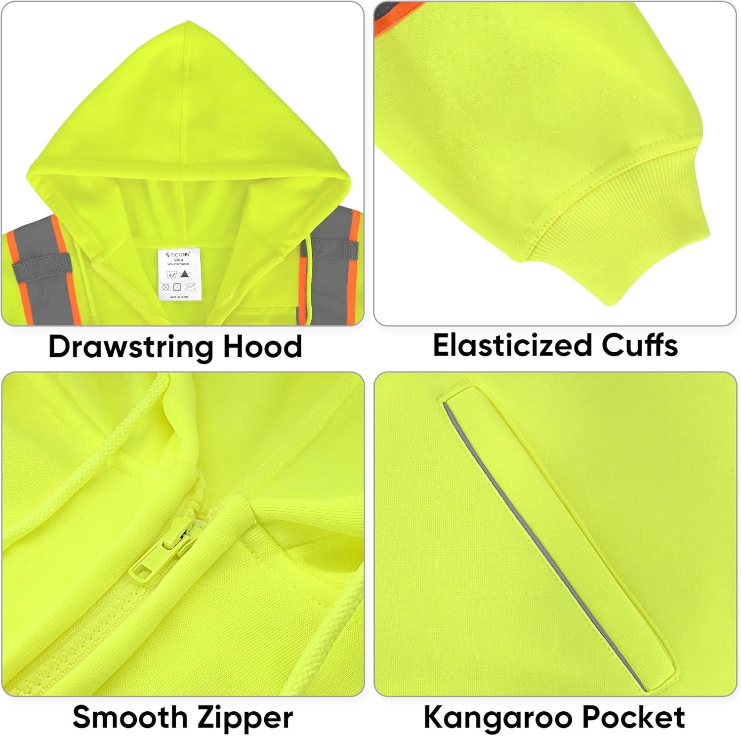 TICONN Safety Hoodie Jacket, High Vis Reflective Safety Fleece Hoodie, PPE Gear for Cold Weather Meet ANSI III - Image 3
