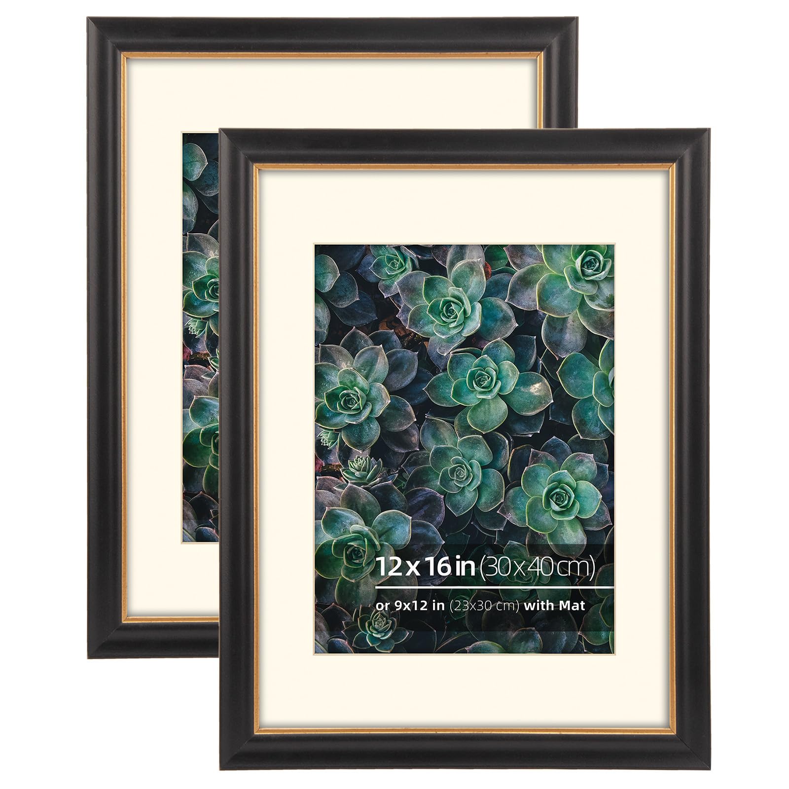 Eitida12x16 in 2 Pack Wood Black Gold Trim 2 Tone Vintage Antique Retro Picture Frame, Matted to 9x12, 2 Way Display, Gold Inner