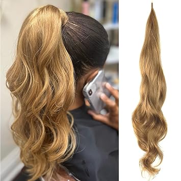 Blonde Ponytail Extainson 32 Inch Flexible Wrap Around Ponytail Hair Extension Honey Blonde Long Wavy Pony Tails hair Extension Synthetic Hairpieces For Women and Girls