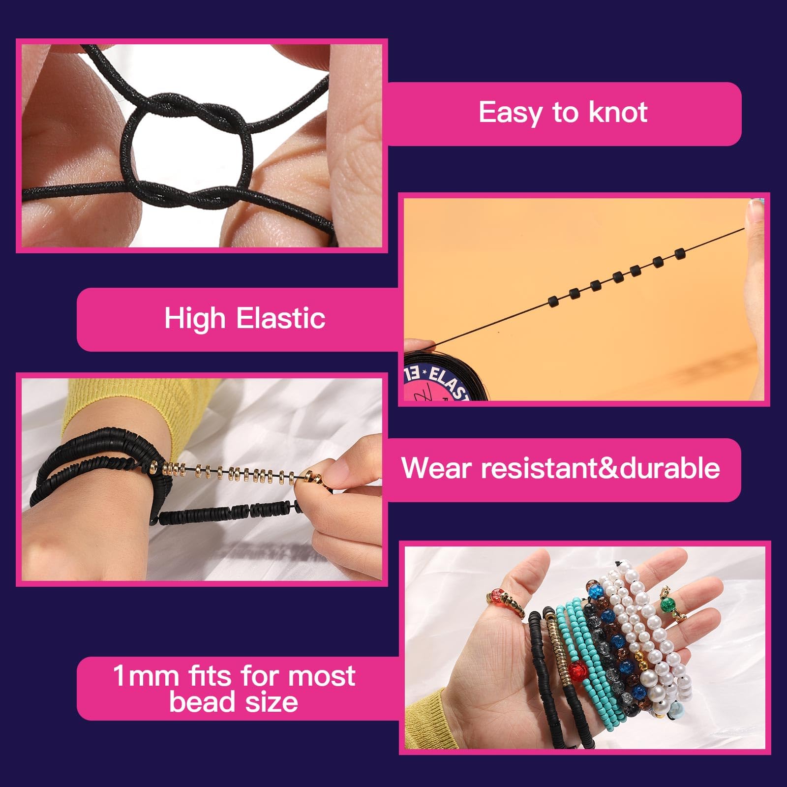 FANDAMEI Cuerda Elástica De 1mm Para Pulseras, Cordón Elástico Para Abalorios, Flexible Para Hacer Pulseras, Cordón De Cuentas Elástico Para Joyería, Hilo Resistente Para Pulseras, Collar