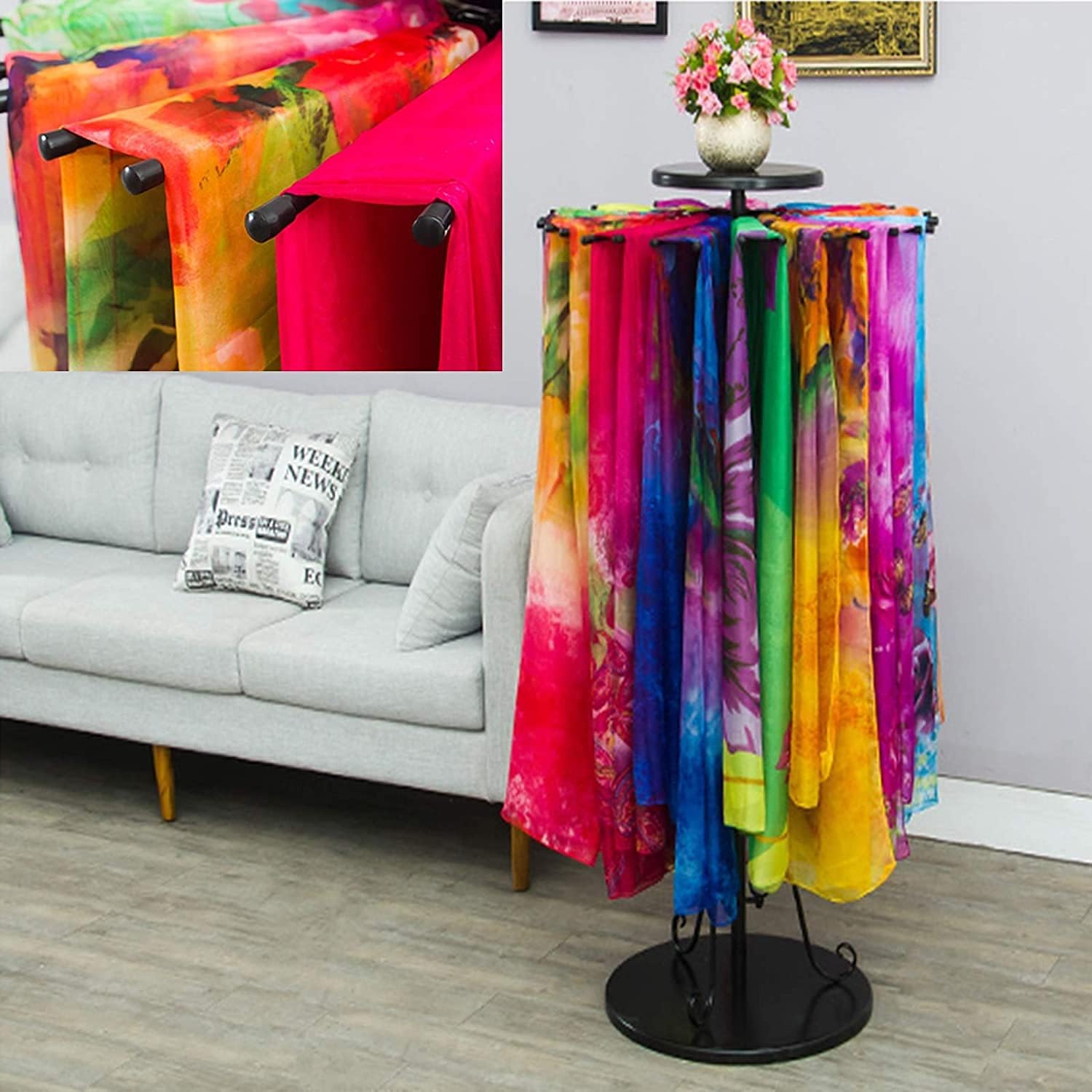 Scarf Organizers for Home Store, Metal Rotatable Freestanding Display Stands for Ties Belts Shawls, Adjustable Height (Color : Black)