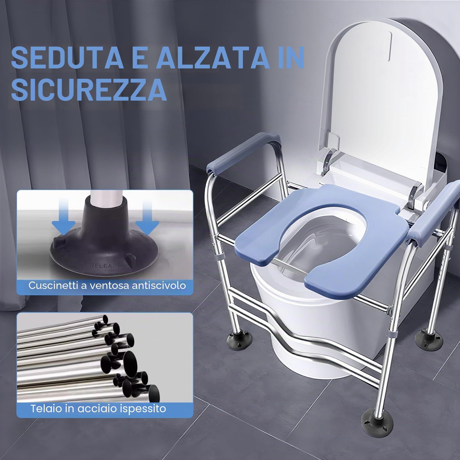 Rialzo per WC con braccioli per anziani, sedile WC rialzato con altezza e larghezza regolabili, rialzo del sedile del WC, per anziani disabili e donne incinte