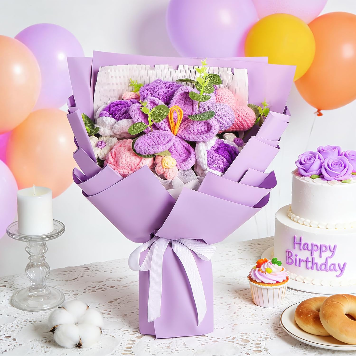 Crochet Flower Bouquet, Knitted Flowers, Pink Crochet Tulip & Roses Bouquet, Gift for Women, Valentine’s Day, Birthday, Anniversary, Mother’s Day, Wedding, Home Decor