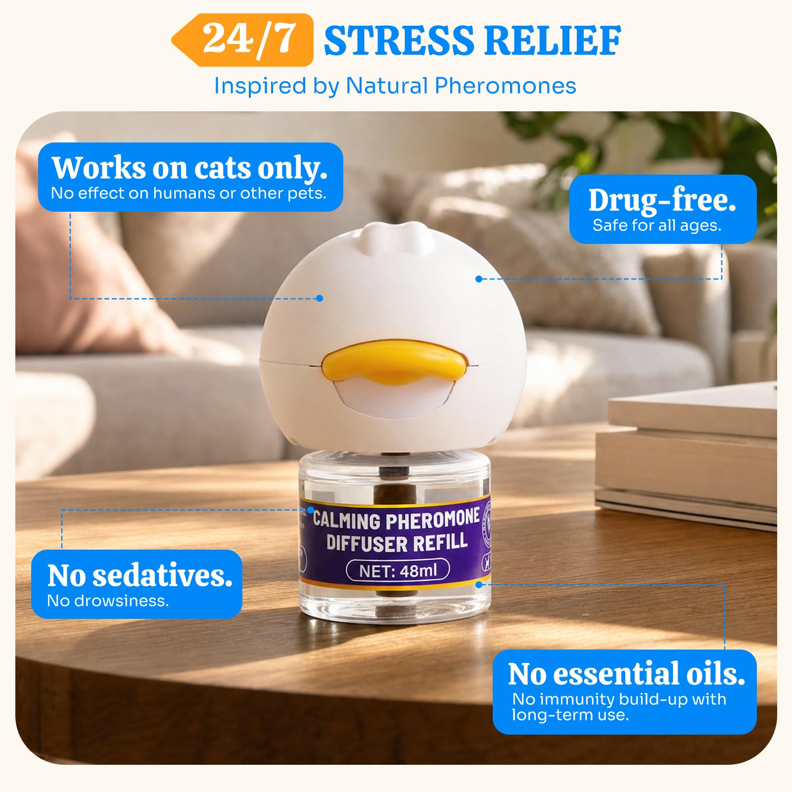 Difusor calmante para gatos de interior: soporte calmante inspirado en feromonas que ayuda a promover un comportamiento relajado y comodidad emocional, difusor enchufable sin medicamentos para uso